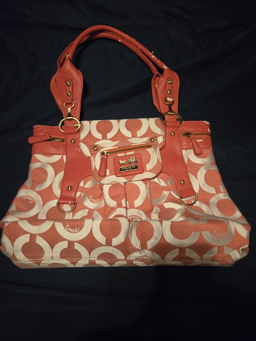 Coach Coral Signature Canvas Tote with Coral Leather Trim